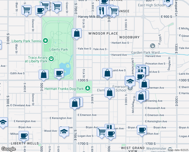 map of restaurants, bars, coffee shops, grocery stores, and more near 777 East 1300 South in Salt Lake City