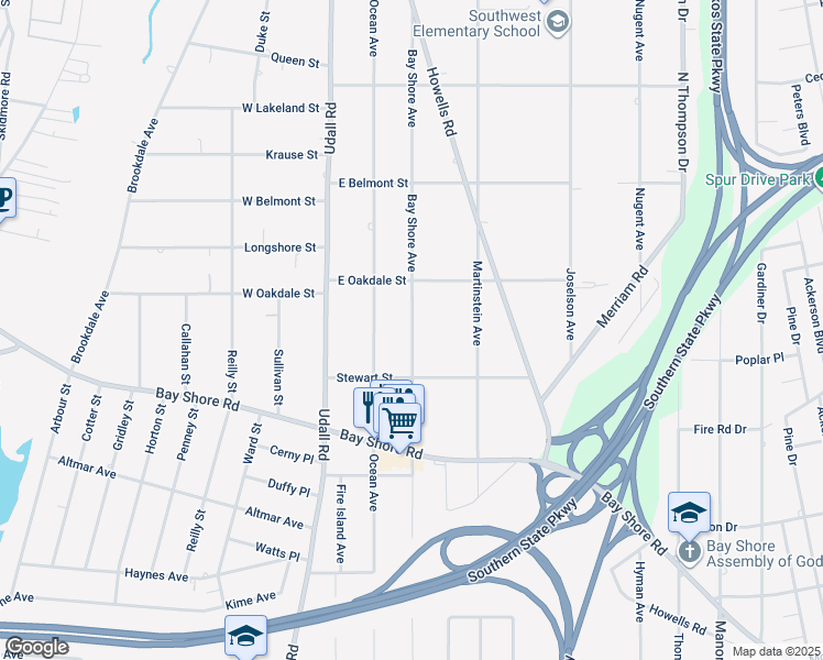 map of restaurants, bars, coffee shops, grocery stores, and more near 1069 Bay Shore Avenue in Bay Shore