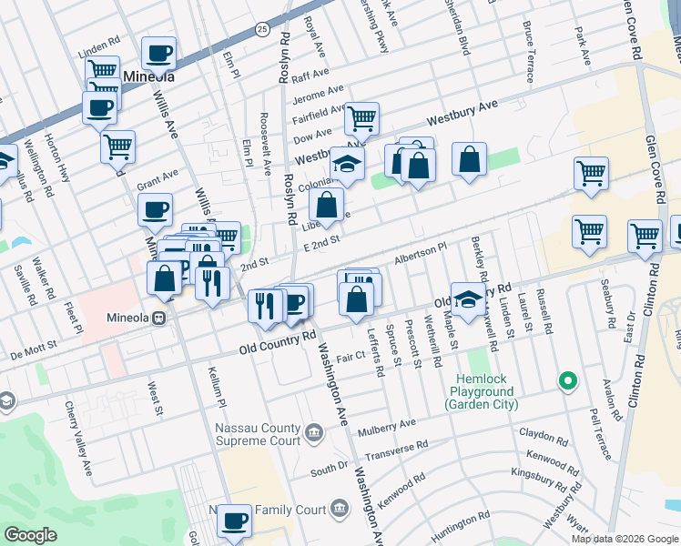 map of restaurants, bars, coffee shops, grocery stores, and more near 39 Geranium Avenue in Mineola