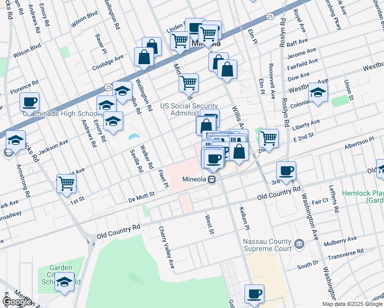 map of restaurants, bars, coffee shops, grocery stores, and more near 101111 Mineola Boulevard in Mineola