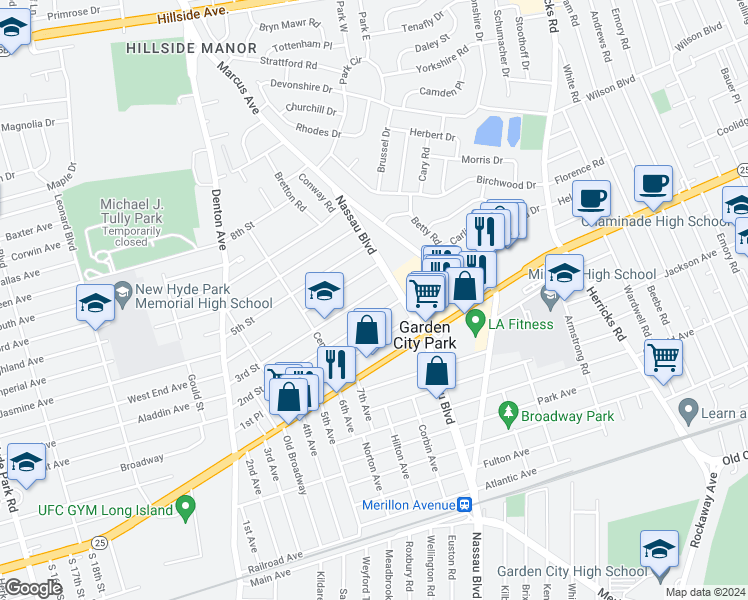 map of restaurants, bars, coffee shops, grocery stores, and more near 114 2nd Street in New Hyde Park