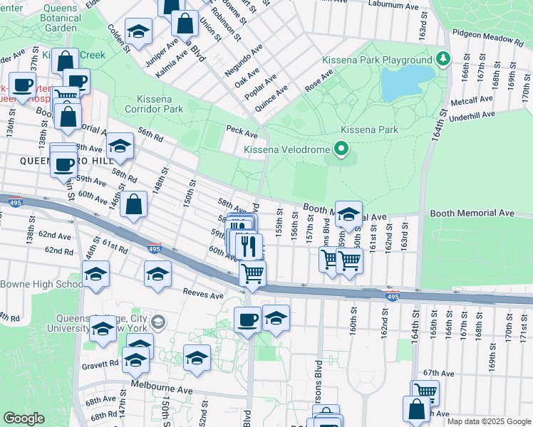 map of restaurants, bars, coffee shops, grocery stores, and more near 154-29 58th Road in Queens