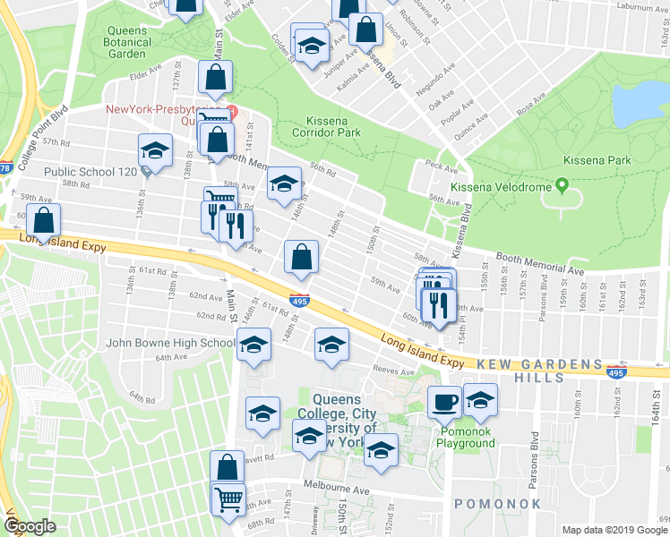 map of restaurants, bars, coffee shops, grocery stores, and more near 148-53 60th Avenue in Queens