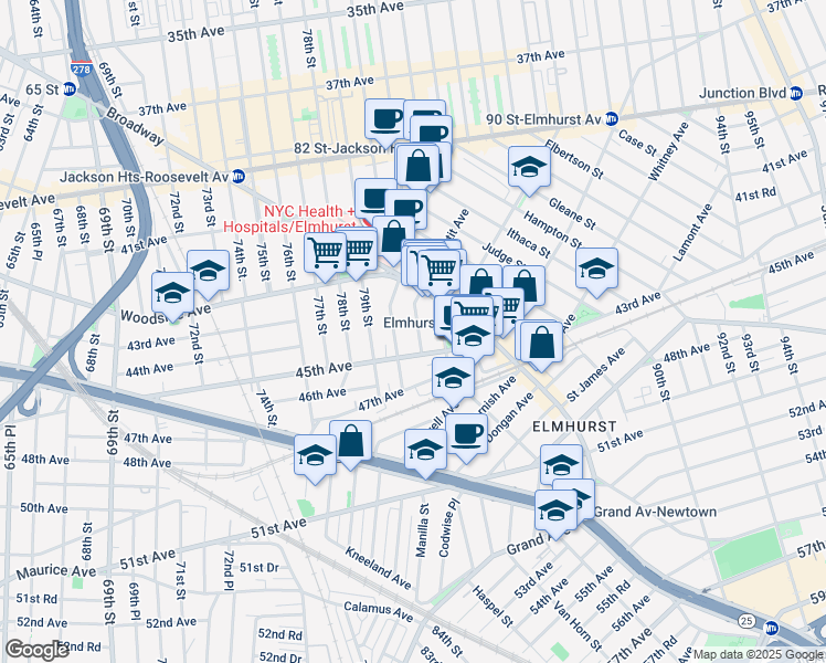 map of restaurants, bars, coffee shops, grocery stores, and more near 4264 81st Street in Queens