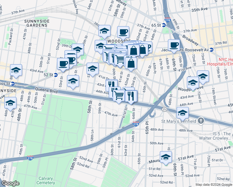 map of restaurants, bars, coffee shops, grocery stores, and more near in Queens