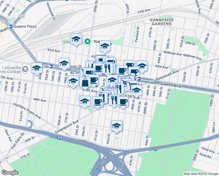 map of restaurants, bars, coffee shops, grocery stores, and more near 41-16 47th Avenue in Queens