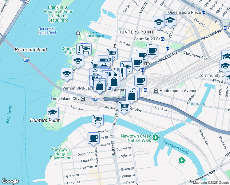 map of restaurants, bars, coffee shops, grocery stores, and more near 5 51st Avenue in Queens