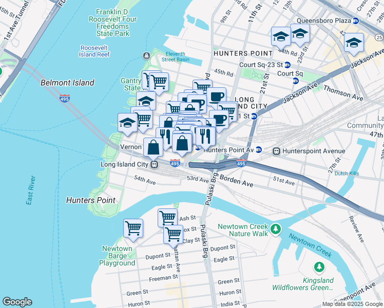 map of restaurants, bars, coffee shops, grocery stores, and more near in Queens