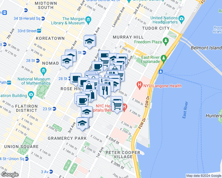 map of restaurants, bars, coffee shops, grocery stores, and more near in New York