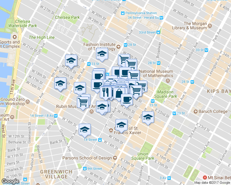 map of restaurants, bars, coffee shops, grocery stores, and more near 121A West 20th Street in New York