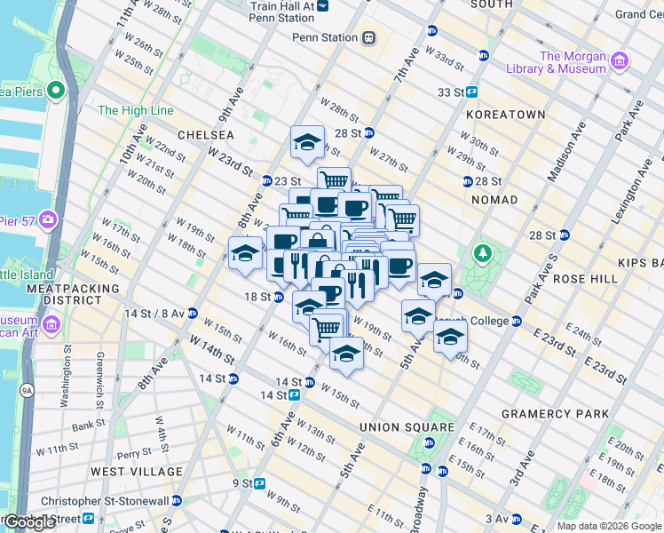 map of restaurants, bars, coffee shops, grocery stores, and more near 121A West 20th Street in New York