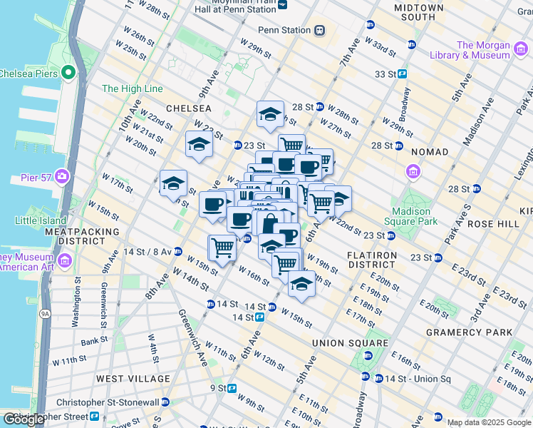map of restaurants, bars, coffee shops, grocery stores, and more near in New York
