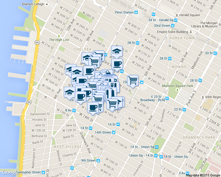 map of restaurants, bars, coffee shops, grocery stores, and more near in New York