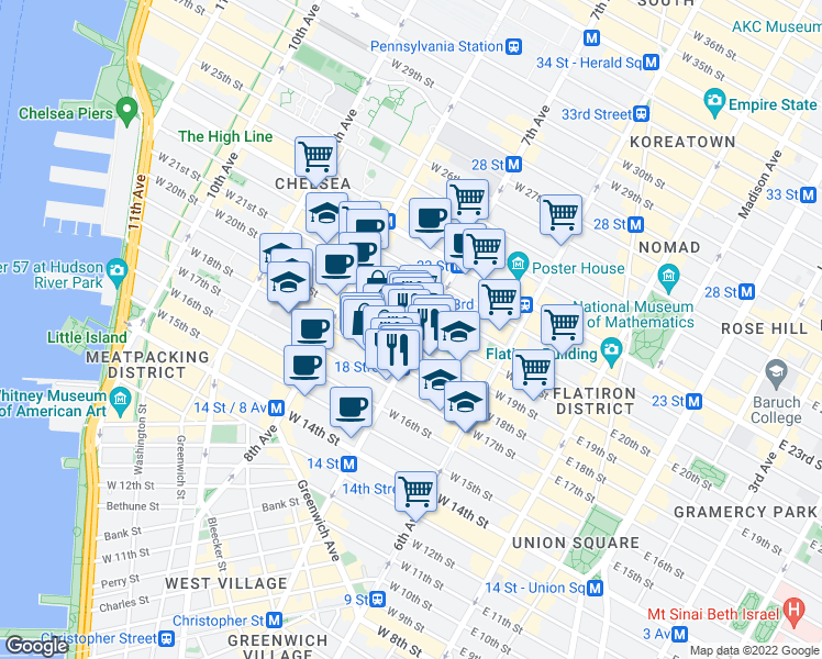 map of restaurants, bars, coffee shops, grocery stores, and more near 219 West 19th Street in New York