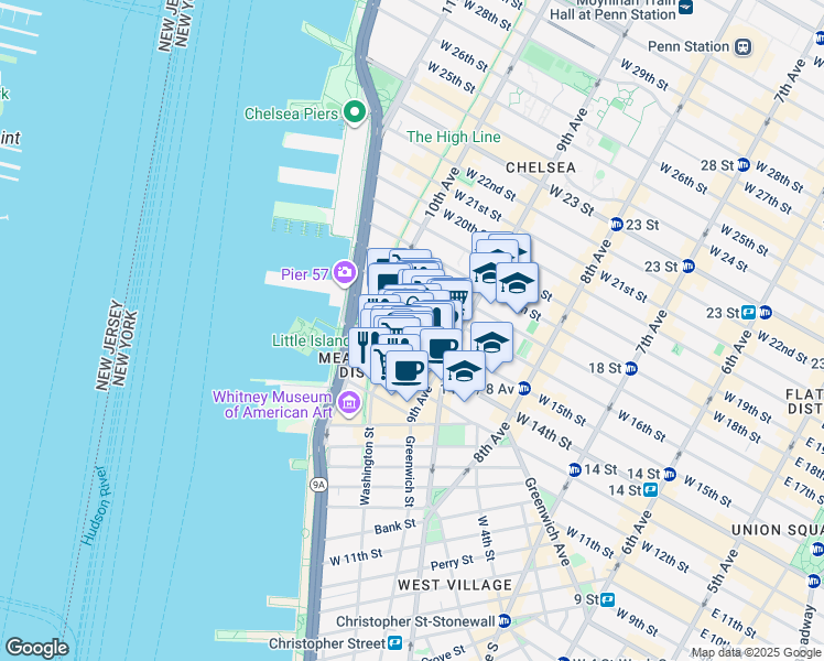 map of restaurants, bars, coffee shops, grocery stores, and more near in New York