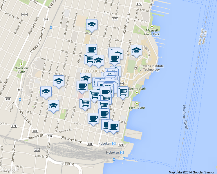 map of restaurants, bars, coffee shops, grocery stores, and more near 407 Washington Street in Hoboken