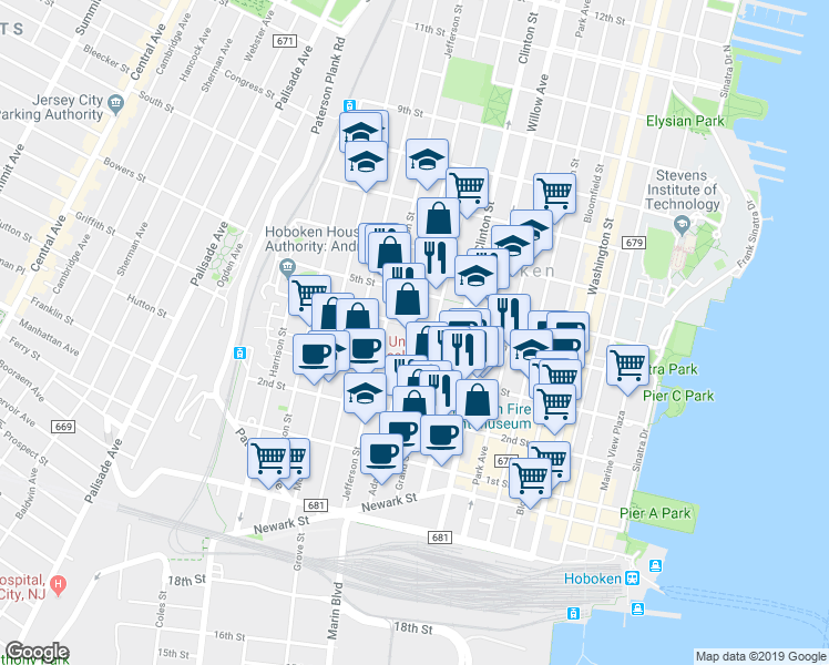 map of restaurants, bars, coffee shops, grocery stores, and more near in Hoboken
