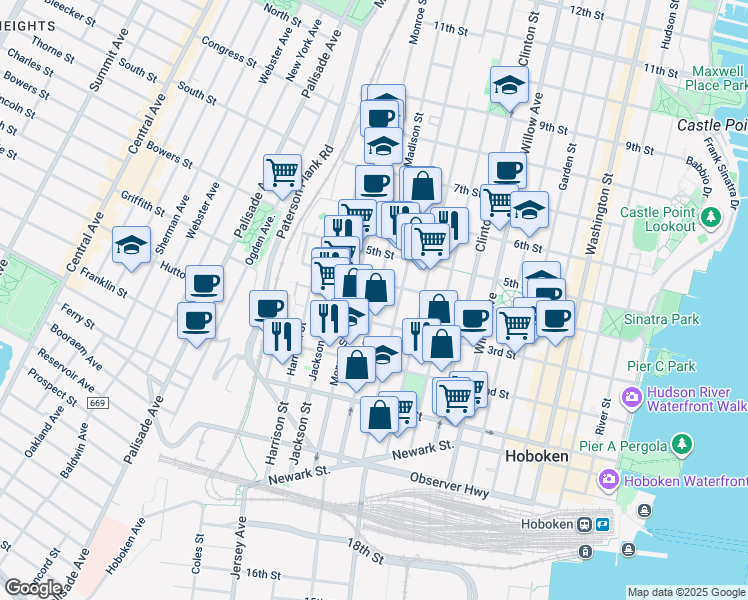 map of restaurants, bars, coffee shops, grocery stores, and more near 300 Madison Street in Hoboken