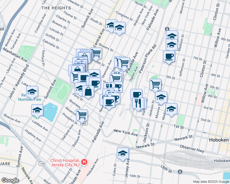 map of restaurants, bars, coffee shops, grocery stores, and more near 398 Palisade Avenue in Jersey City