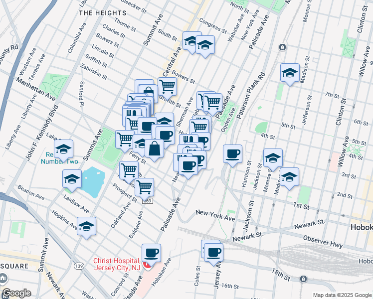 map of restaurants, bars, coffee shops, grocery stores, and more near 63 Franklin Street in Jersey City