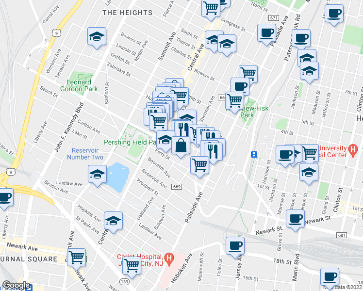 map of restaurants, bars, coffee shops, grocery stores, and more near 19 Sherman Avenue in Jersey City