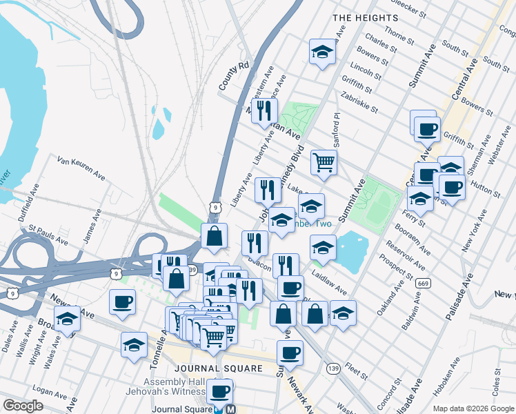 map of restaurants, bars, coffee shops, grocery stores, and more near 3181 John F. Kennedy Boulevard in North Bergen