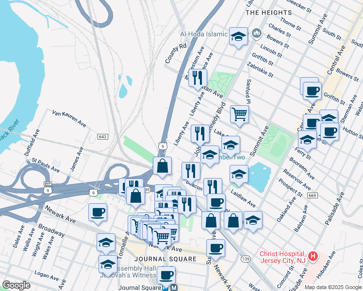 map of restaurants, bars, coffee shops, grocery stores, and more near 3181 John F. Kennedy Boulevard in North Bergen
