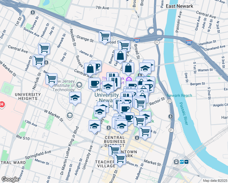 map of restaurants, bars, coffee shops, grocery stores, and more near 180 University Avenue in Newark