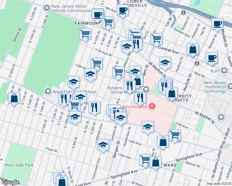 map of restaurants, bars, coffee shops, grocery stores, and more near 158 Littleton Avenue in Newark