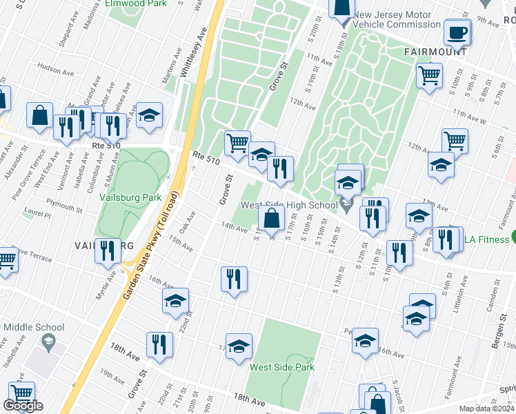 map of restaurants, bars, coffee shops, grocery stores, and more near 457 South 19th Street in Newark