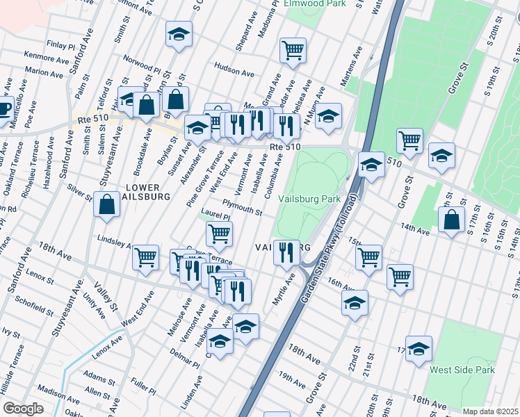 map of restaurants, bars, coffee shops, grocery stores, and more near 100 Columbia Avenue in Newark