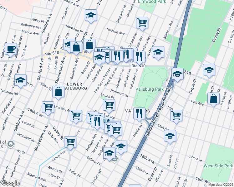 map of restaurants, bars, coffee shops, grocery stores, and more near 105 Isabella Avenue in Newark
