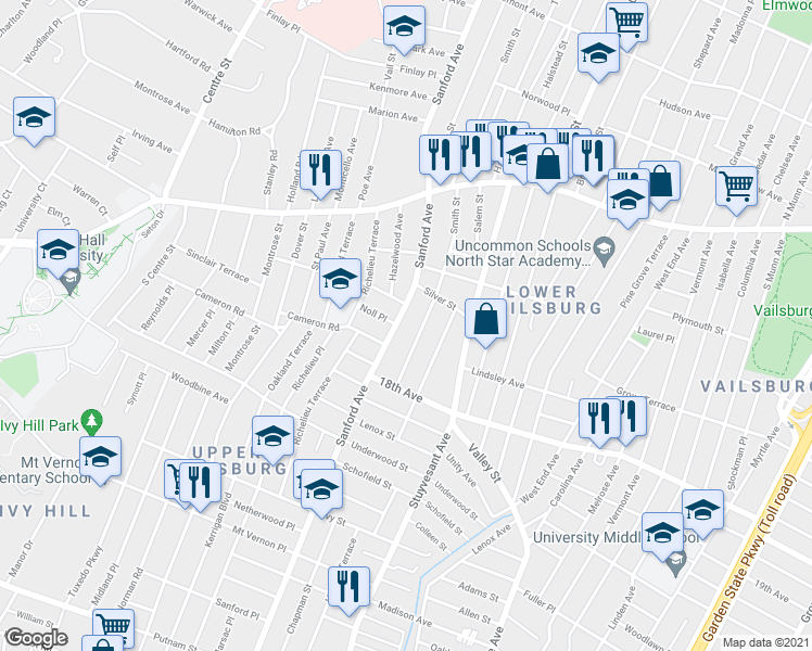 map of restaurants, bars, coffee shops, grocery stores, and more near 588 Sanford Avenue in Newark