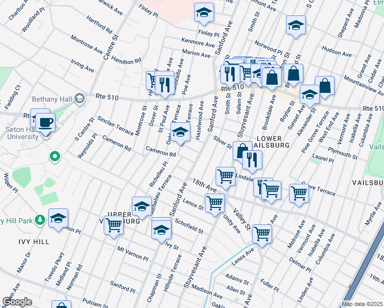 map of restaurants, bars, coffee shops, grocery stores, and more near 588 Sanford Avenue in Newark