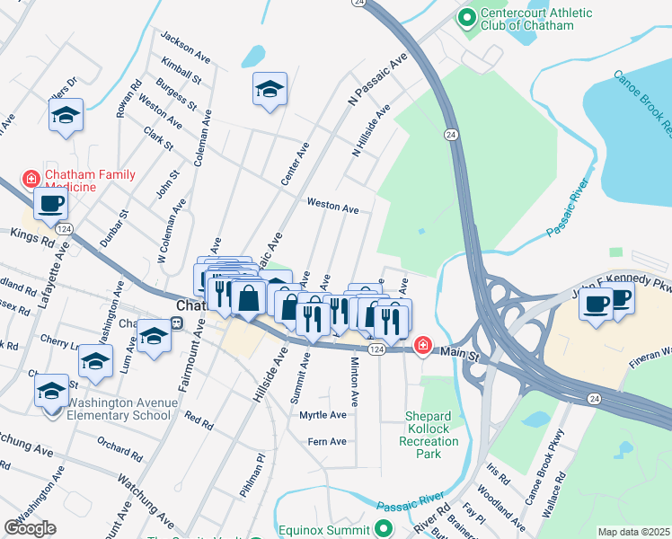 map of restaurants, bars, coffee shops, grocery stores, and more near 30 North Summit Avenue in Chatham