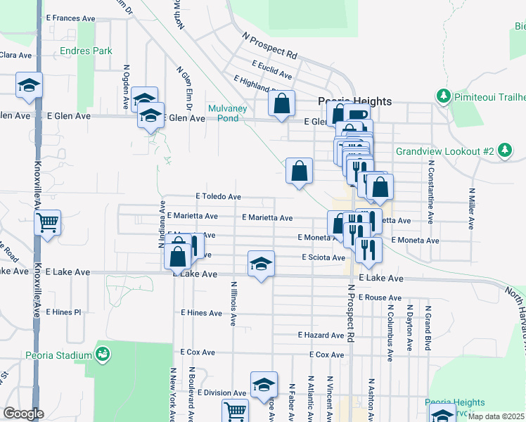 map of restaurants, bars, coffee shops, grocery stores, and more near 905 East Moneta Avenue in Peoria Heights