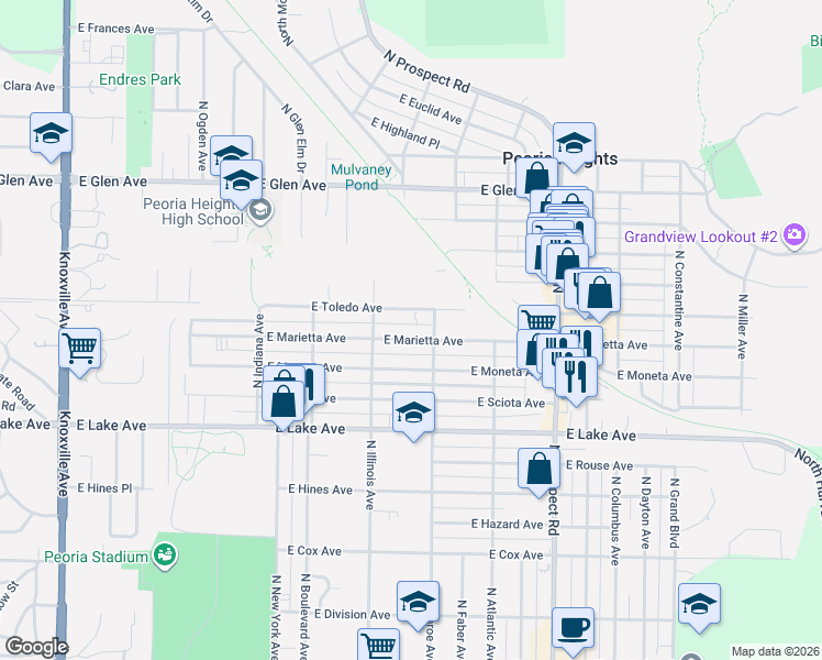 map of restaurants, bars, coffee shops, grocery stores, and more near 905 East Moneta Avenue in Peoria Heights