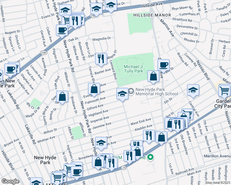 map of restaurants, bars, coffee shops, grocery stores, and more near 1637 Gilford Avenue in New Hyde Park