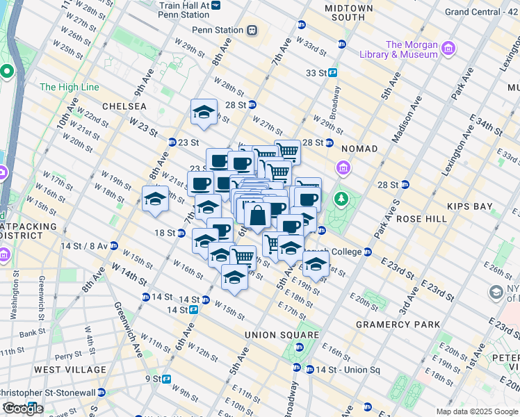 map of restaurants, bars, coffee shops, grocery stores, and more near 28 West 22nd Street in New York