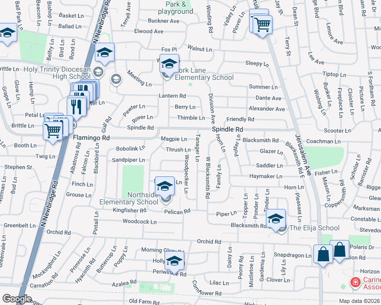 map of restaurants, bars, coffee shops, grocery stores, and more near 38 Redpoll Lane in Levittown