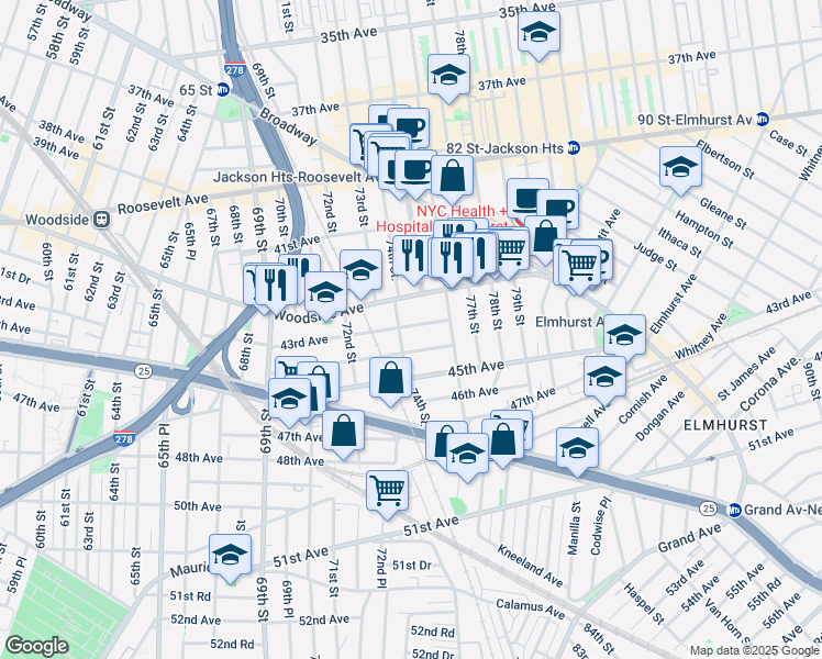 map of restaurants, bars, coffee shops, grocery stores, and more near 74-12 44th Avenue in Queens