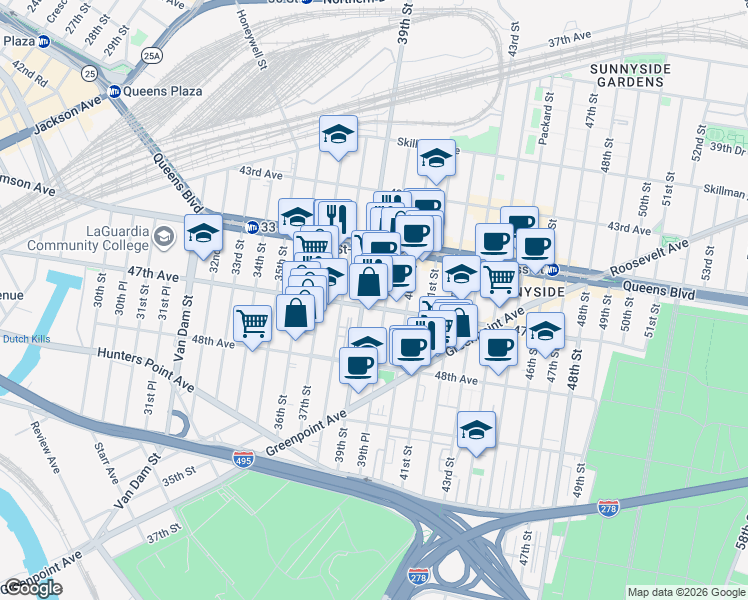 map of restaurants, bars, coffee shops, grocery stores, and more near 47-14 39th Place in Queens