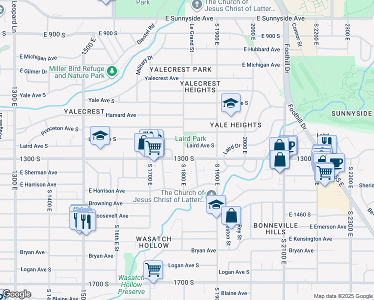 map of restaurants, bars, coffee shops, grocery stores, and more near 1219 South 1800 East in Salt Lake City