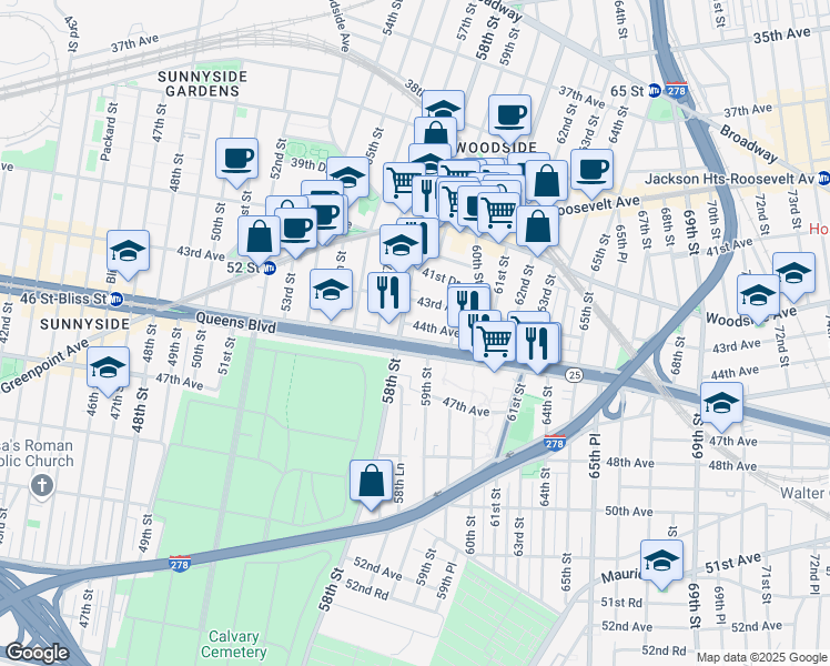 map of restaurants, bars, coffee shops, grocery stores, and more near 58-01 Queens Boulevard in Queens