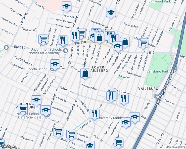 map of restaurants, bars, coffee shops, grocery stores, and more near 120 Brookdale Avenue in Newark