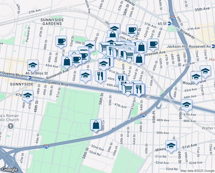 map of restaurants, bars, coffee shops, grocery stores, and more near 58-01 Queens Boulevard in Queens