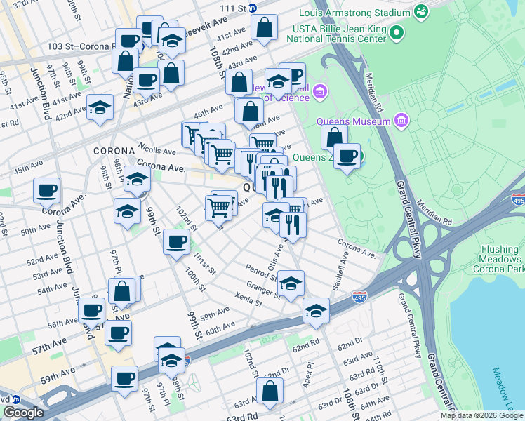 map of restaurants, bars, coffee shops, grocery stores, and more near 5322 105th Street in Queens