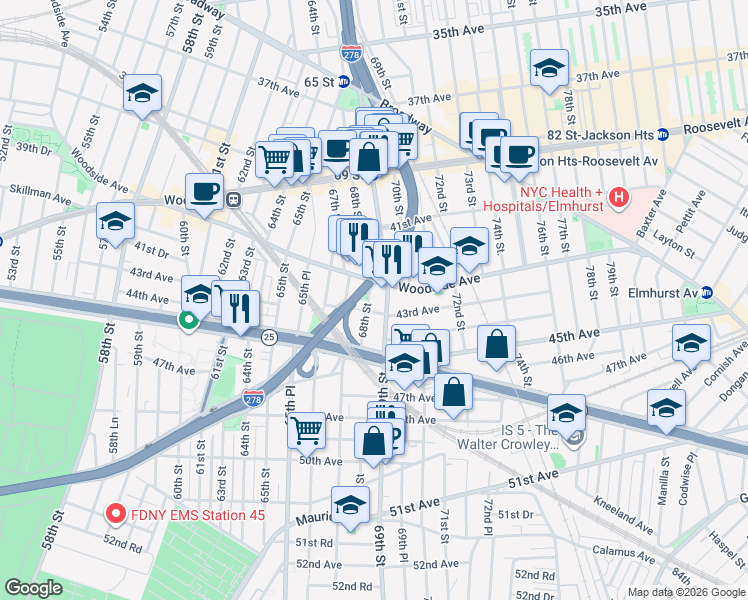 map of restaurants, bars, coffee shops, grocery stores, and more near 42-19 68th Street in Queens