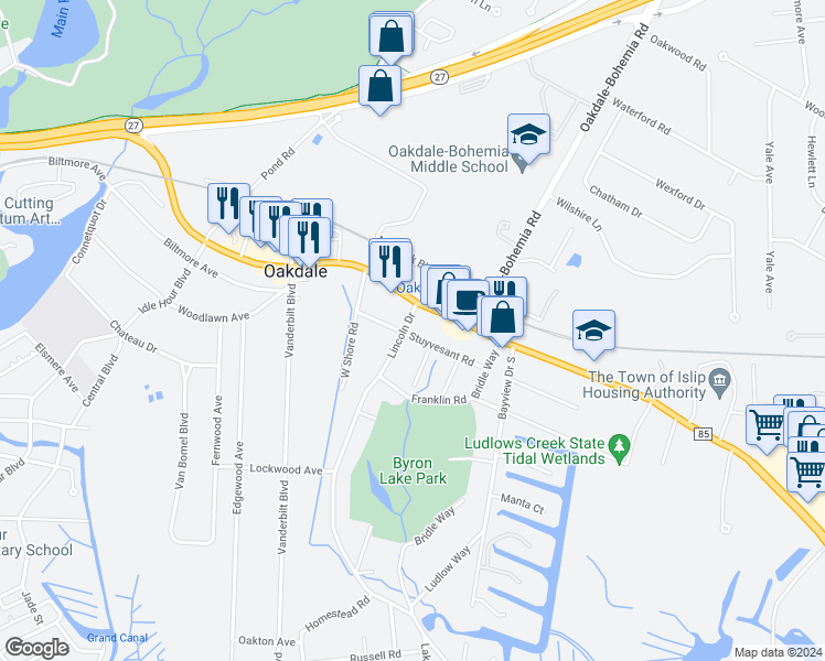map of restaurants, bars, coffee shops, grocery stores, and more near 19 Lincoln Drive in Oakdale