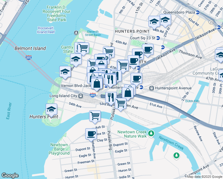 map of restaurants, bars, coffee shops, grocery stores, and more near 5 51st Avenue in Queens